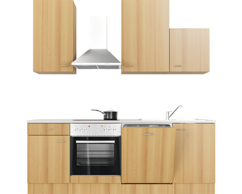 Küchenzeile mit Spüle, Herd, Dunstabzugshaube und Hängeschränken