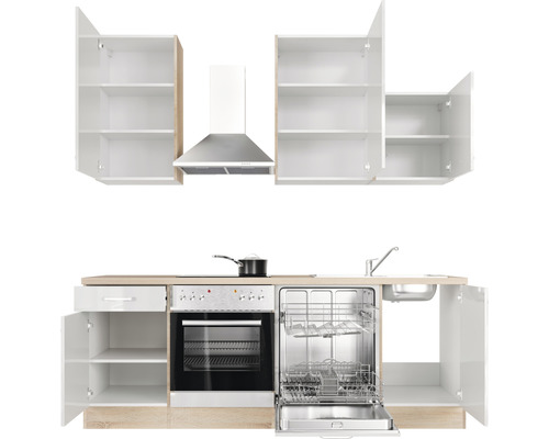 Küchenzeile mit Spüle, Geschirrspüler, Herd, Backofen, Dunstabzugshaube und Hängeschränken