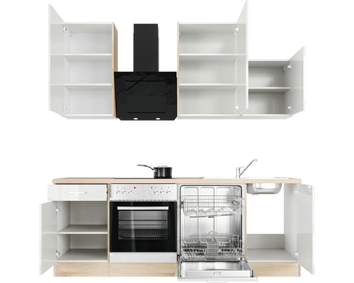 Küchenzeile mit Spüle, Geschirrspüler, Herd, Ofen, Dunstabzugshaube und Schränken