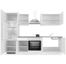 Küchenzeile mit Kühlschrank, Herd, Spüle und Dunstabzugshaube