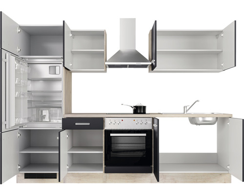 Küchenzeile mit Kühlschrank, Herd, Spüle und Dunstabzugshaube