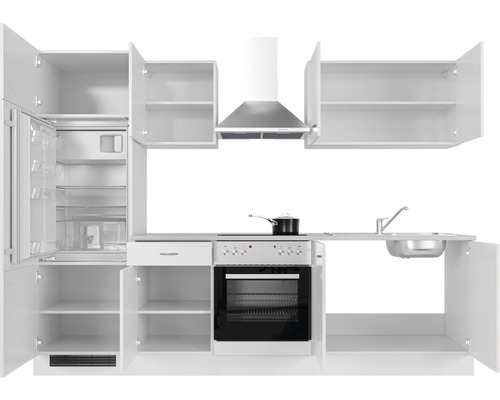 Komplette Küchenzeile mit Kühlschrank, Herd, Spüle und Hängeschränken