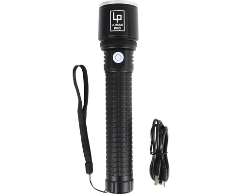 Schwarze Lumak Pro Taschenlampe mit Handschlaufe und Ladekabel