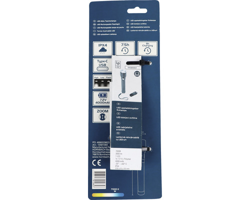 LED Akku Taschenlampe in Verpackung mit IPX4 Schutzart, Typ C USB Anschluss, 7,2 V, 4000 mAh und Zoomfunktion