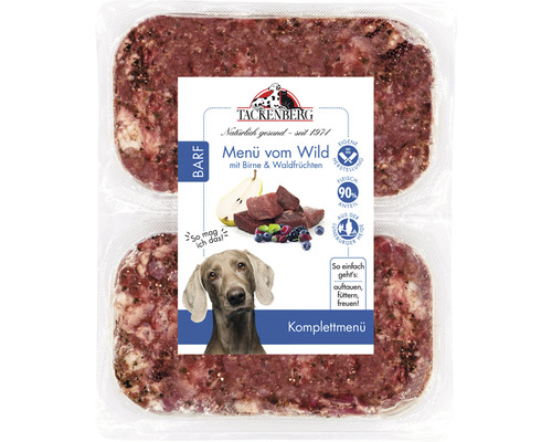 Tackenberg Barf Komplettmenü vom Wild mit Birne und Waldfrüchten für Hunde in der Verpackung