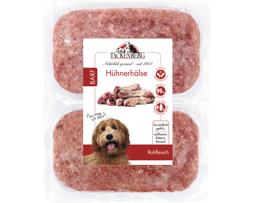 Tackenberg Barf Hühnerhälse für Hunde, Rohfleisch in Verpackung
