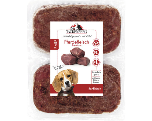 Verpacktes BARF Premium Pferdefleisch für Hunde der Marke Tackenberg