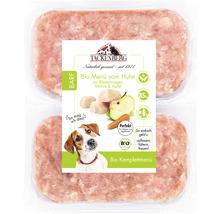 Verpacktes Bio-Hundefutter Komplettmenü vom Huhn mit Blättermagen, Möhre und Apfel