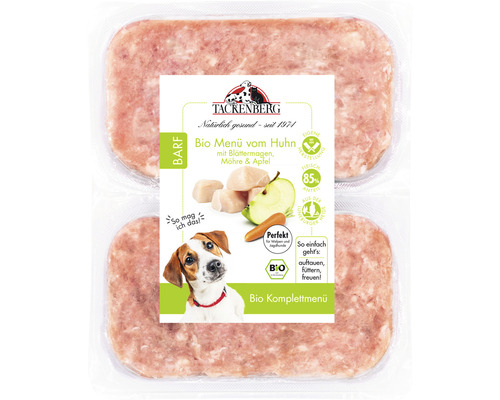 Verpacktes Bio-Hundefutter Komplettmenü vom Huhn mit Blättermagen, Möhre und Apfel