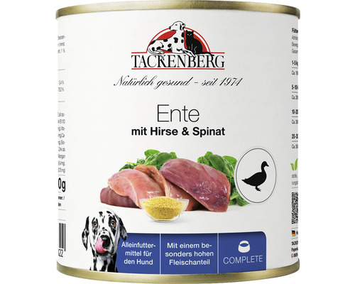 Tackenberg Hundefutter Dose mit Ente, Hirse und Spinat