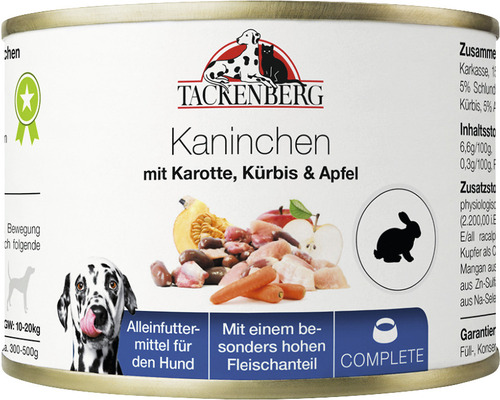 Tackenberg Hundenahrung Kaninchen mit Karotte, Kürbis und Apfel in einer Konservendose