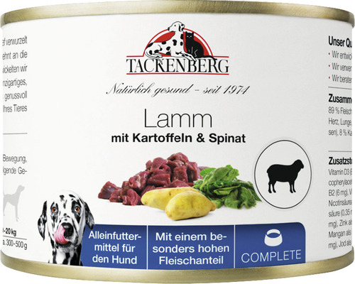 Tackenberg Hundefutter Lamm mit Kartoffeln und Spinat in Dose