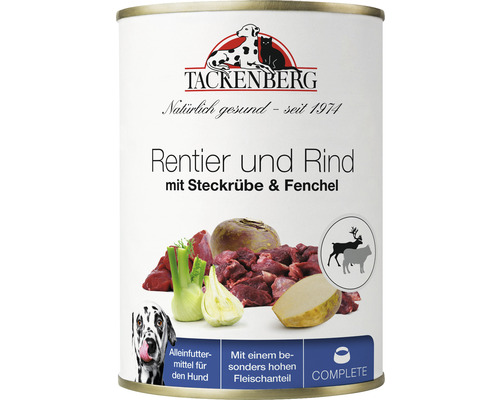 Tackenberg Hundefutter mit Rentier, Rind, Steckrübe und Fenchel in einer Dose