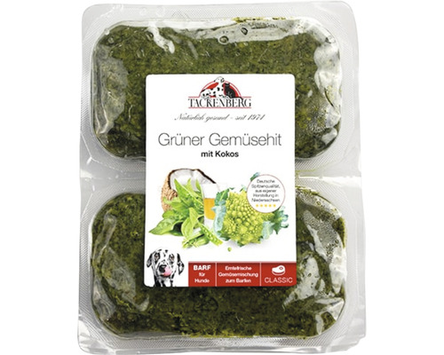 Tackenberg Grüner Gemüsehit mit Kokos, tiefgefrorenes Hunde-Ergänzungsfuttermittel in einer transparenten Verpackung