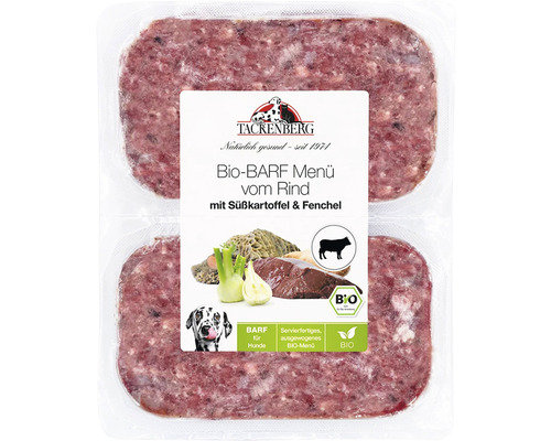 Zwei Packungen Tackenberg Bio-Barf Menü vom Rind mit Süßkartoffel und Fenchel für Hunde