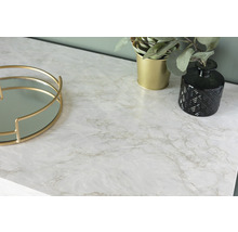 Dekorfolie mit Marmoroptik auf einer Tischoberfläche, neben einem Tablett, einem Topf mit Pflanze und einer Vase