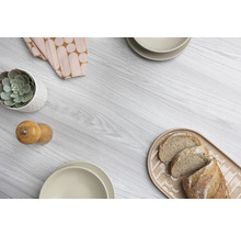 Dekoratives Arrangement mit Geschirr, Brot, Sukkulente und Gewürzmühle auf einer Tischoberfläche.