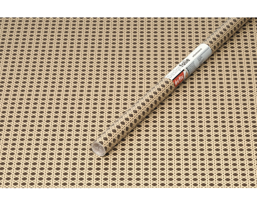 Dekorfolie mit Rattanmuster und de-fix Logo.