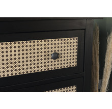 Detailaufnahme eines schwarzen Schranks mit Schubladen und Rattanfronten