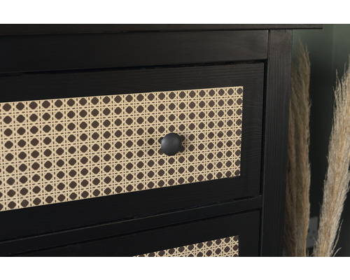 Detailaufnahme eines schwarzen Schranks mit Schubladen und Rattanfronten