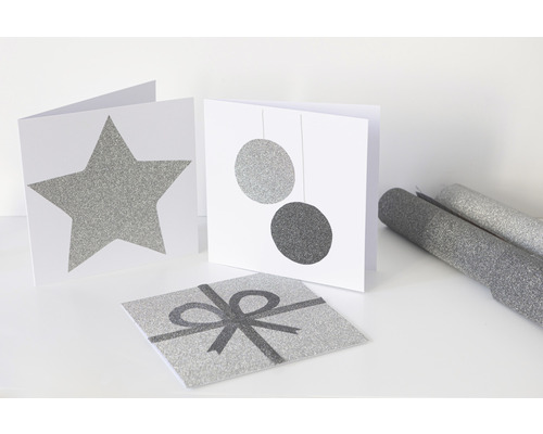 Dekorative Karten mit Stern-, Kugel- und Geschenk-Motiven, sowie Dekorfolie