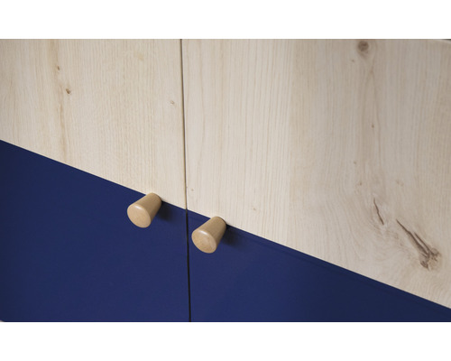 Detailansicht eines Schranks mit Holzstruktur und blauen Flächen sowie Holzgriffen