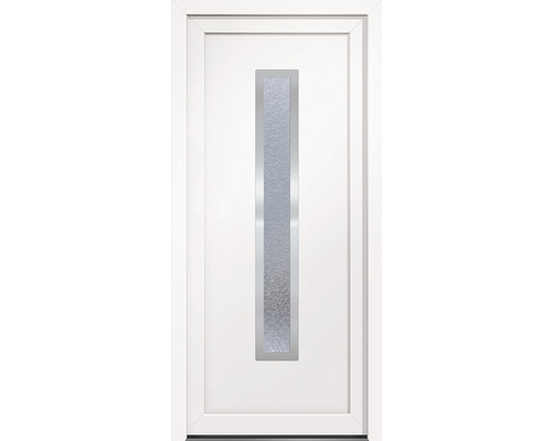Weiße Haustür mit schmalem, rechteckigem Glaseinsatz