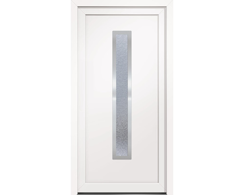 Weiße Haustür mit rechteckigem Glaseinsatz