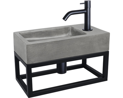 Waschtisch-Set HURA L 40 x 22 cm Waschbecken Beton mit Gestell, Kaltwasserhahn und Siphon in schwarz matt 38.006.09