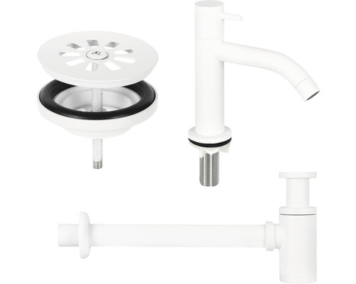 Waschtischarmatur, Siphon und Ablaufgarnitur für das Waschbecken