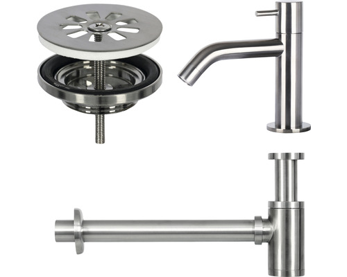 Waschtischarmatur, Siphon und Ablaufgarnitur aus Edelstahl