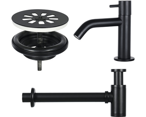 Waschtischarmatur, Siphon und Ablaufgarnitur für das Waschbecken