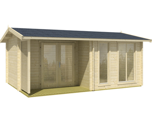 Gartenhaus aus Holz mit Fenstern und Doppeltür