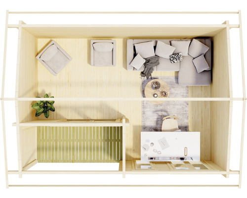 Innenansicht eines Holzgartenhauses mit Möbeln, heller und organisierter Raumgestaltung