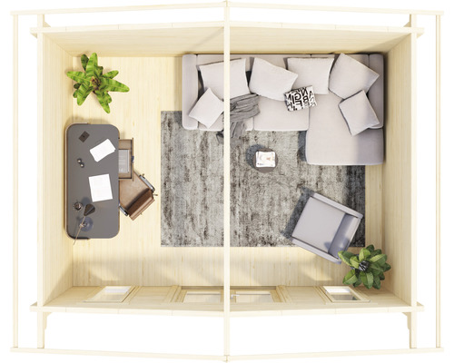 Draufsicht eines Gartenhauses mit Büro- und Wohnbereich, ausgestattet mit Schreibtisch, Bürostuhl, Sofa, Sessel und Teppich