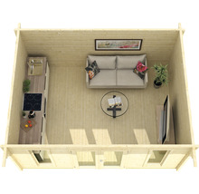 Innenansicht eines Holzhauses mit Küche, Sofa, Tisch und Fernseher