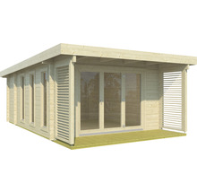 Modernes Gartenhaus aus Holz mit Glasfront und Terrasse