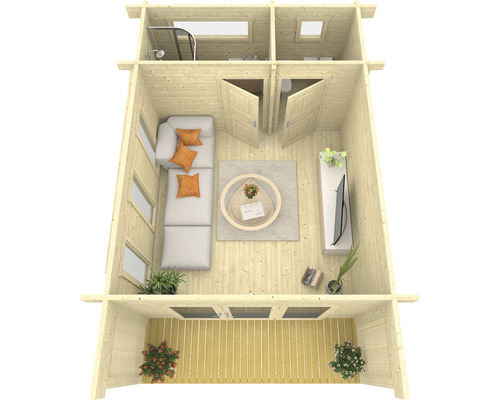 Innenansicht eines Gartenhauses mit Wohnbereich, Bad und überdachter Terrasse.