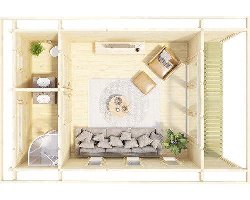 Grundriss eines Holzhauses mit Wohnzimmer, Bad und Terrasse