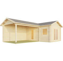 Holz Gartenhaus mit überdachter Terrasse, Fenster und Doppeltür.