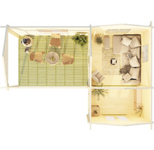 Grundriss eines Holzhauses mit Terrasse und Wohnbereich
