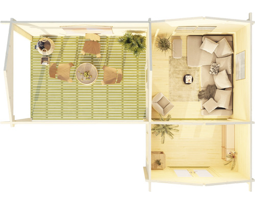 Grundriss eines Holzhauses mit Terrasse und Wohnbereich