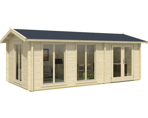 Blockbohlenhaus mit Fenstern und Doppeltür