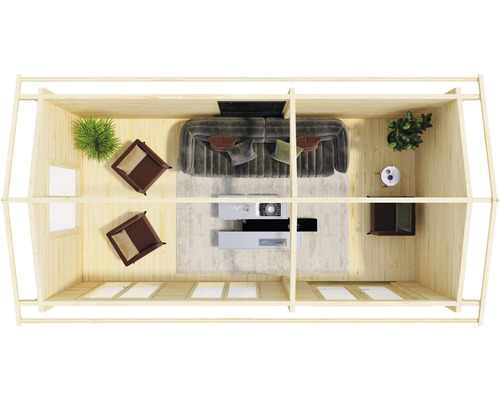 Innenansicht eines Holzhauses mit Wohnzimmer und Möbeln