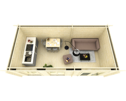 Innenansicht eines Holzhauses mit Küche, Essbereich und Wohnzimmer.