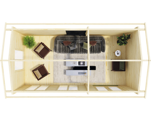 Innenansicht eines Gartenhauses mit Möbeln, Pflanzen und Fenstern