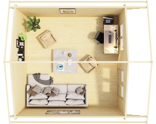 Innenansicht eines Gartenhauses mit Möbeln wie Sofa, Sessel und Schreibtisch