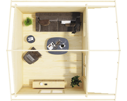 Innenansicht eines Holzhauses mit Möbeln und Dekorationen