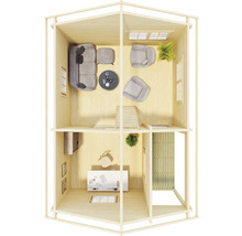 Grundriss eines zweistöckigen Gartenhauses mit Wohnzimmer, Arbeitszimmer und Treppe