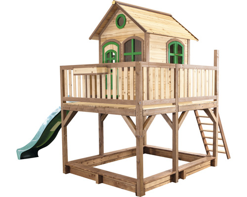 Spielhaus aus Holz mit Rutsche und Sandkasten